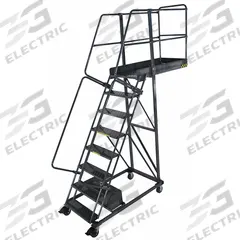 BALLYMORE Rolling Cantilever Ladder: 6.7 ft Platform Ht, Unassembled, Locking Casters, Steel (MPN CL-8-28-P). Key specifications — attr1051489: Gray; attr1051483: BALLYMORE; attr1051499: Double Handrails; attr1051504: Steel.