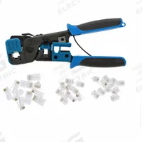 IDEAL Crimper and Connector Kit: For F Connectors, Cat 5e/Cat 6/STP/UTP, 8 in Overall Lg (MPN 33-700). Key specifications — attr470438: Ratcheting Crimper; attr470441: Cat 6; attr542328: 10 RJ11 Modular Plugs, 20 RJ45; attr470442: F Connectors; attr470440: Compact; attr424247: IDEAL.