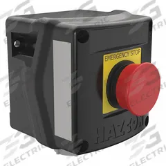 Control Station: 1 Gang, Push Button, 1NO/1NC, Emergency Stop, 0 Pilot Lights, 3/4 in, Dead-End Hub (MPN HKHMOD001283WW). Key specifications — Legend: Emergency Stop; Action: Maintained/Maintained; Contact Form: 1NO/1NC; Brand: HUBBELL KILLARK; Operator Configuration Type: (1) Push Button.