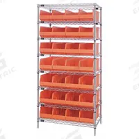 QUANTUM STORAGE SYSTEMS Bin Shelving: 36 in x 12 in x 75 in, 1 Sided, 28 Bins, Open, Shelf Bin (MPN WR8-423OR). Key specifications — Includes Bins: Yes; Bin Material: Polypropylene; Frame Color: Silver; Bin HxWxD: (28) 7 in x 8-1/4 in x 12 in; Frame Material: Steel; Bin Color: Orange; Bin Style: Shelf; Brand: QUANTUM STORAGE SYSTEMS.
