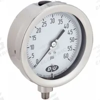 DURO Industrial Pressure Gauge: 0 psi to 60 psi, White, 4 1/2 in Dial, 1/4 in NPT Male, Bottom, 20 (MPN 4.2070413E7). Key specifications — Brand: DURO; Pointer Color: Black; Accuracy: ±0.5%; Dial Color: White; Gauge Wetted Parts: Stainless Steel; Case Material: Stainless Steel; Vibration Resistance Properties: None; Pressure Range: 0 psi to 60 psi.