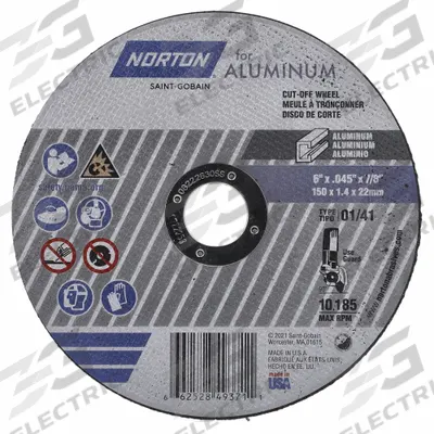NORTON Cut-Off Wheel: Type 1, 6" x 0.045" x 7/8", Aluminum Oxide, 36 Grit - General Purpose Cut-Off Wheels for Soft Metals