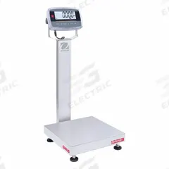 OHAUS Industrial Bench Scale: 18 in x 18 in, IP68/IP69K, Column-Mounted, Stainless Steel (MPN D61PW50WQL7). Key specifications — Connection Ports: Infrared Communication Kit; Readability: 0.005 lb/2 g; Brand: OHAUS; Weighing Surface Material: Stainless Steel.