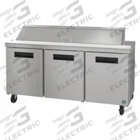HOSHIZAKI Worktop Refrigerator: 18 cu ft, 44 1/4 in Ht, 31 in Dp, 3 Doors (MPN SR72B-18). Key specifications — Control Type: Thermostatic; Energy Star Compliant: No; Brand: HOSHIZAKI.