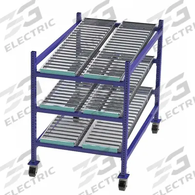 UNEX FLOW CELL Gravity Flow Rack: 36 in x 60 in x 54 in, Tilt, 3 Shelves - Roller Track Bolted Mobile Flow Racks