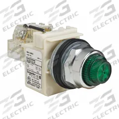 SCHNEIDER ELECTRIC Pilot Light: 30 mm Panel Mounting Size, Green, Incandescent, 9001K Series (MPN 9001KT35G31). Key specifications — Series: 9001K; Brand: SCHNEIDER; Includes Push-To-Test: Push-To-Test Included.