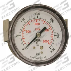 WINTERS Panel-Mount Pressure Gauge: U-Clamp, 0 psi to 300 psi, 2 1/2 in Dial, 1/4 in NPT Male, IP52 (MPN P9U901442UC). Key specifications — Accuracy: ±2-1-2%; Brand: WINTERS; Vibration Resistance Properties: Dry Case Vibration-Dampened; Gauge Wetted Parts: Brass / Bronze.