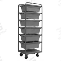 DURHAM MFG Tub Cart: 600 lb, 6 Bins/Tubs, Gray, 26 in L x 18 in W x 74 in H, Gray, 2 Usable Sides (MPN TBR-183072-6-5PO-95). Key specifications — Color: Gray; Includes: Bottom Shelf; Caster/Wheel Configuration: (2) Swivel; Bin Color: Gray; Brand: DURHAM MFG.