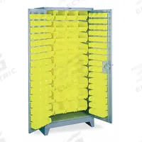 LYON Bin Cabinet: 36 in x 21 in 82 in, 0 Shelves, 136 Bins, Yellow, Flush, 14 ga Panel, Gray, Bins (MPN DD1124). Key specifications — Bin Color: Yellow; Bin HxWxD: (36) 7 in x 8-1/4 in x 14-3/4 in; Assembled: Assembled; Cabinet Style: Shelf and Bin; Brand: LYON; Cabinet Color: Gray; Cabinet Finish: Powder Coated; Cabinet Material: Steel.
