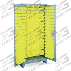 LYON Bin Cabinet: 36 in x 21 in 82 in, 0 Shelves, 136 Bins, Yellow, Flush, 14 ga Panel, Gray, Bins (MPN DD1124). Key specifications — Bin Color: Yellow; Bin HxWxD: (36) 7 in x 8-1/4 in x 14-3/4 in; Assembled: Assembled; Cabinet Style: Shelf and Bin; Brand: LYON; Cabinet Color: Gray; Cabinet Finish: Powder Coated; Cabinet Material: Steel.