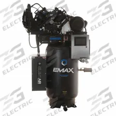 EMAX Electric Air Compressor: 10 hp, 2 Stage, Vertical, 80 gal, 34 cfm, 175 psi, 208V/230V, Auto (MPN EVW10V080V13-208). Key specifications — attr1395880: Auto; attr48430: EMAX; attr48448: Smart PLC; attr48450: 208V/230V; attr48474: Single; attr48487: Vertical.