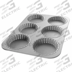CHICAGO METALLIC Fluted Tart Pan: Aluminized Steel, 6 Slots, 11 1/8 in Overall Wd, 7/8 in Overall Dp (MPN 25500). Key specifications — Pan Style: Fluted Tart Pan; Brand: CHICAGO METALLIC; Color: Shiny Gray; Material: Aluminized Steel; NSF Certified: No; Number of Slots: 6.