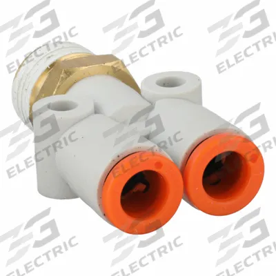 SMC Push-Fit Wye Fitting: 1/4 in OD x 1/4 in OD x 1/4 in Pipe x 1/4 in Pipe Size - Polybutylene & Brass Tube Fittings