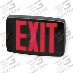 Exit Sign: LED, Black, Red, 1 Faces, Ceiling, Not Battery Powered, Without Battery Backup (MPN LQM S 3 R 120/277 M6). Key specifications — Voltage: 120/277 V AC; Directional Indicators: Universal Field Selectable Chevrons; Text Color: Red; Brand: LITHONIA LIGHTING; Emergency Battery Backup: No; Housing Color: Black; Lighting Technology: LED; Self Diagnostics: No.