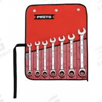 PROTO Combination Wrench Set: Alloy Steel, Chrome, 7 Tools, 10 mm to 18 mm Range of Head Sizes (MPN JSCRMT-7S). Key specifications — attr309581: Chrome; attr309580: Alloy Steel; attr309571: No; attr309583: No; attr309587: Yes; attr324931: PROTO; attr309569: 10 mm to 18 mm; attr309572: Canvas Pouch.