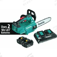 MAKITA Battery-Powered Chainsaw Kit: 14 in Bar Lg, Top Handle, Adj/Auto Chain Oiler, 18 V, 30 cc (MPN XCU08PT). Key specifications — Brand: MAKITA.