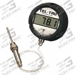 TEL-TRU Digital Panel Mount Thermometer: -75°F to 750°F /-58°C to 399°C, +/-0.5°F (+/-0.3°C), Male (MPN ND4RB09115-P22042-C1010). Key specifications — Accuracy: +/-0.5°F (+/-0.3°C); Brand: TEL-TRU.