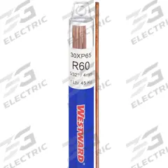 WESTWARD Gas Welding Rod: Carbon Steel, R60, 5/32 in x 36 in, 1 lb (MPN 30XP65). Key specifications — Yield Strength (Minimum Required): Not Rated; Tensile Strength (As Welded): 60 ksi; Yield Strength (As Welded): Not Specified; Brand: WESTWARD.