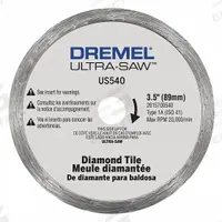 DREMEL Cutting Wheel: 3 1/2 in Wheel Dia, 0.08 in Wheel Thick, Diamond, Std Screw, Mounted (MPN US540-01). Key specifications — attr1097403: Diamond; attr1097412: DREMEL.