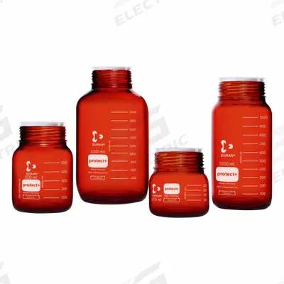 DURAN Narrow Mouth Round Glass Bottles - Safety Coated: 3.5 L, 80 mm, Amber - Safety Coated Wide Mouth Round Glass Lab Bottles