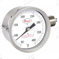 DWYER Dial Thermometer: 50°F to 400°F, ±2%Full Scale Accuracy, 4 in Stem Lg, 3 in Dial Dia (MPN BTLR340121). Key specifications — Accuracy: ±2 % Full Scale; Brand: DWYER.