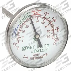TAYLOR Soil Dial Thermometer: 20°F to 180°F /0°C to 80°C, +/- 2% Throughout the Range Accuracy (MPN 5976-35). Key specifications — Accuracy: +/- 2% Throughout the Range; Housing Material: Stainless Steel; Brand: TAYLOR; Temperature Units: Fahrenheit.