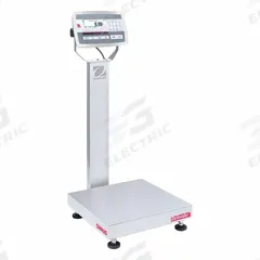 OHAUS Industrial Bench Scale: 18 in x 18 in, IP67/IP68, Column-Mounted, 50 lb Wt Capacity - Imperial (MPN D52XW25WQL7). Key specifications — Connection Ports: 2 In/4 Out Discrete I/O; Readability: 0.002 lb/1 g; Brand: OHAUS; Weighing Surface Material: Stainless Steel.