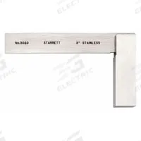 STARRETT Precision Steel Square with Wide Base: 90° Angle, 2-31/32 x 1-31/32 in Outside Dimensions (MPN 3020-3). Key specifications — attr1182176: Stainless Steel; attr1182181: Starrett Logo Cardboard Box; attr1182159: STARRETT; attr1182175: 2-31/32 x 1-31/32 in; attr1182177: 0.001 in; attr1182182: Yes.