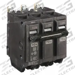 GE Miniature Circuit Breaker: THQB, 70 A, 120/240V AC, Three Phase, 10kA at 120/240V AC, Std (MPN THQB32070). Key specifications — attr195972: 70 A; attr195973: 120/240V AC; attr195974: Three; attr195975: 10kA at 120/240V AC; attr195976: Lighting Panels.