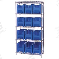 QUANTUM STORAGE SYSTEMS Bin Shelving: 36 in x 18 in x 74 in, 1 Sided, 12 Bins, Open, Blue, 5 Shelves (MPN WR5-600BL). Key specifications — Includes Bins: Yes; Bin Material: Polypropylene; Frame Color: Gray; Bin HxWxD: (12) 12-1/4 in x 10-7/8 in x 17-1/2 in; Frame Material: Steel; Bin Color: Blue; Bin Style: Hang and Stack; Brand: QUANTUM STORAGE SYSTEMS.
