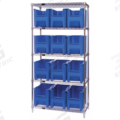 QUANTUM STORAGE SYSTEMS Bin Shelving: 36 in x 18 in x 74 in, 1 Sided, 12 Bins, Open, Blue - Wire Stationary Bin Shelving with Open-Front Bins