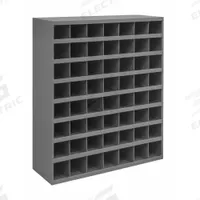 DURHAM MFG Pigeonhole Bin Unit: 34 in x 12 in x 42 in, 56 Compartments, Gray, Steel, Powder Coated (MPN 361-95). Key specifications — attr7229: Steel; attr38869: DURHAM MFG; attr38873: Gray.