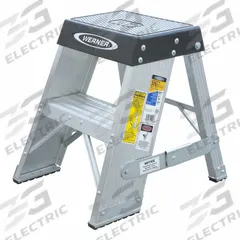 WERNER Step Stool: 2 Steps, 3 ft Overall Ht, 375 lb Load Cap, Aluminum, 1.7 ft Standing Ht (MPN SSA02). Key specifications — Brand: WERNER; Color: Black.