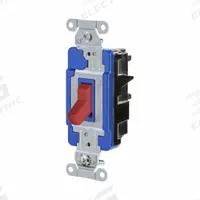 HUBBELL Wall Switch: Toggle Switch, 3-Way, Maintained, Red, 120/277V AC, 15 A (MPN HBL1203STR). Key specifications — Illuminated: No; Voltage Rating: 120/277V AC.