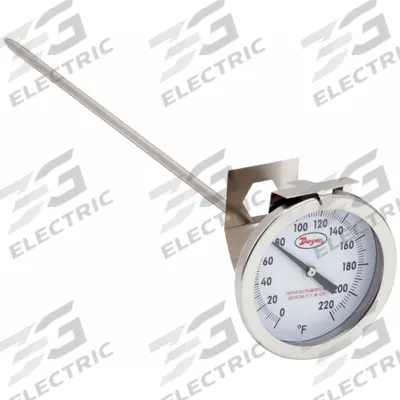Dwyer Clip On Dial Thermometer: 0°F to 220°F, +/- 2% Accuracy, 8 in Stem Lg - General Purpose Vat & Pan Clip-On Dial Thermometers