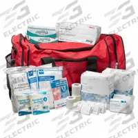 ABILITY ONE First Aid Kit and Housing: Gen Purpose, 15 People Served, 25 Components, Canvas (MPN 6545-01-465-1800). Key specifications — Adhesive Bandages Included: (64) Bandages; Application: General Purpose; Brand: ABILITY ONE; Housing Color: Red; Housing Material: Canvas; Includes Oral or Inhalant Medication: No Medication Included; Mountable: Portable; Oral and Inhalant Medicinals Included: No Oral/Inhalant Medicinals.