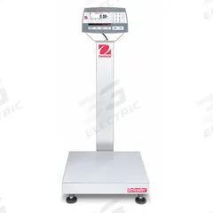OHAUS Industrial Bench Scale: 18 in x 18 in, Not IP Rated, Column-Mounted, Defender 5000 (MPN 30461637). Key specifications — Connection Ports: 2 In/4 Out Discrete I/O; Readability: 0.01 lb/5 g; Brand: OHAUS; Weighing Surface Material: Stainless Steel.