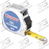 WESTWARD Tape Measure: Nonmagnetic Single Hook Tip, 12 ft, Chromed Plastic, Silver (MPN 1MKR6). Key specifications — attr935324: WESTWARD; attr942259: Silver; attr935328: 1/16 in; attr935329: Inches; attr935337: SAE; attr936607: Manual Lock; attr972446: Inch; attr979969: Nonmagnetic Single Hook.