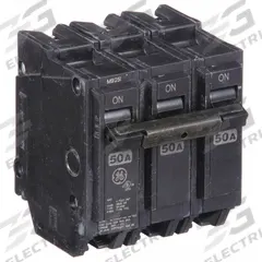 GE Miniature Circuit Breaker: THQL, 50 A, 120/240V AC, Three Phase, 10kA at 120/240V AC, Std (MPN THQL32050). Key specifications — Amps: 50 A; AC Voltage Rating: 120/240V AC; Phase: Three; Max. AIR Rating: 10kA at 120/240V AC; For Use With: Power Mark Gold Load Centers and AQ Lighting Panels.