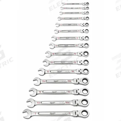 MILWAUKEE Combination Wrench Set: Alloy Steel, Chrome, 15 Tools - SAE 12-Point Ratcheting Combination Wrench Sets