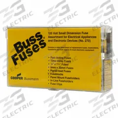 BUSSMANN Fuse Kit: Includes Series ABC/AGC/GJV/GMA/GMC/MDA/MDL/MDV, Glass Fuses (MPN NO.270). Key specifications — Fuse Series Included: MDA; Tool Included: None; Brand: BUSSMANN.