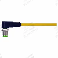 Cordset: M12 Male Right Angle X Bare Wire, 4 Pins, Yellow, PUR, 10 m Cable Lg, 4 A Max Current (A) (MPN 7000-12101-0341000). Key specifications — Cable Jacket Color: Yellow; End 1 Gender: Male; End 1 Mounting Orientation: Right Angle; End 2 Connection Type: Bare Wire; IP Rating: IP67; Brand: MURRELEKTRONIK; Wire Size: 22 AWG; Cable Jacket Material: PUR.