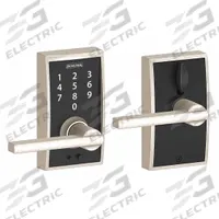 SCHLAGE RESIDENTIAL Electronic Keyless Lock: Touch Screen Keypad, Nickel (MPN FE695 CEN619LAT). Key specifications — Product Type: Electronic Keyless Lock; Manufacturer Part Number: FE695 CEN619LAT; Access Method: Touch Screen Keypad; Key Override Options: Schlage "C" 6 Pin Keyway.
