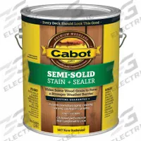CABOT Wood Stain: Wood Stain and Sealer, Exterior, Oil, 1 gal Container Size, Wood, Flat, Semi-Solid (MPN 140.0001417.007). Key specifications — Brand: CABOT; Transparency: Semi-Solid; Use Location: Exterior; Sheen: Flat; Sub-Brand: Semi-Solid Low VOC; Color: New Redwood.
