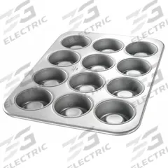 CHICAGO METALLIC Cake Pan: Aluminized Steel, Glazed, 12 Slots, Solid, 12 7/8 in Overall Wd, Silver (MPN 43385). Key specifications — Bead Closure: Closed Bead; Coating: Glazed; Pan Style: Shortcake Pan; Perforation: Solid; Brand: CHICAGO METALLIC; Color: Silver; Material: Aluminized Steel; NSF Certified: No.
