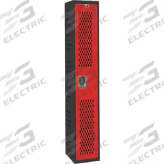 HALLOWELL Wardrobe Locker: 12 in x 18 in x 72 in, Ventilated, 1 Tiers, 1 Units Wide, Padlock Hasp (MPN AWA282-1MR). Key specifications — Brand: HALLOWELL; Locker Color: Red/Black; Door Type: Ventilated; Locker Material: Steel; Assembled: Assembled; Number Plate Included: Yes.