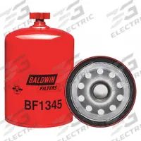 BALDWIN FILTERS Fuel Filter: Spin-On, 4 1/4 in Outside Dia, 1"-14 Thread Size, Cellulose, Navistar (MPN BF1345). Key specifications — attr1137520: BF1345; attr434022: BALDWIN FILTERS; attr427730: Cellulose; attr427731: Integral Gasket; attr1017112: Buses; attr1017113: Navistar.