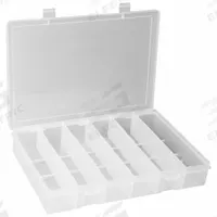 DURHAM MFG Compartment Box: 6 3/4 in x 10 7/8 in x 1 3/4 in, Clear, 6 Compartments, Snap (MPN SP6-CLEAR). Key specifications — ESD Conductive: Not Electrostatic Discharge Conductive; Color: Clear; Compartment WxD: (6) 1-11/16 in x 6-1/8 in; Brand: DURHAM MFG; Material: Plastic.