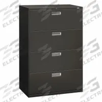 HON Lateral File Cabinet with Drawer: Charcoal, 4 Drawers, 52 1/2 in Overall Ht, 18 in Overall Dp (MPN H684.L.S). Key specifications — attr988670: Unfinished; attr988694: Steel; attr988716: Lateral File Cabinet with Drawer; attr988691: Integrated; attr988652: HON; attr988656: Charcoal; attr988720: Handle.