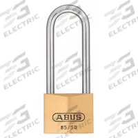 ABUS Padlock: Brass, Unfinished, Gold, Long Shackle, Steel, 3 5/32 in Vert Clearance, 88 Series (MPN 85HB/50 MK KD). Key specifications — attr1312298: 88 Series; attr1312306: 504; attr1312342: Yes; attr1312346: ABUS.